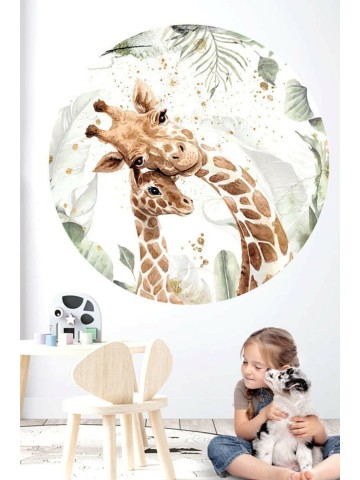 Yaprak Desenli Zürafa Ailesi Çocuk Odası Duvar Sticker 